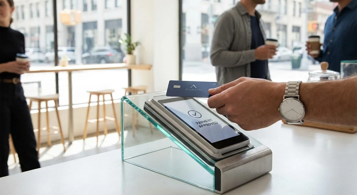 A hand using a credit card at a payment terminal in a bright cafe.