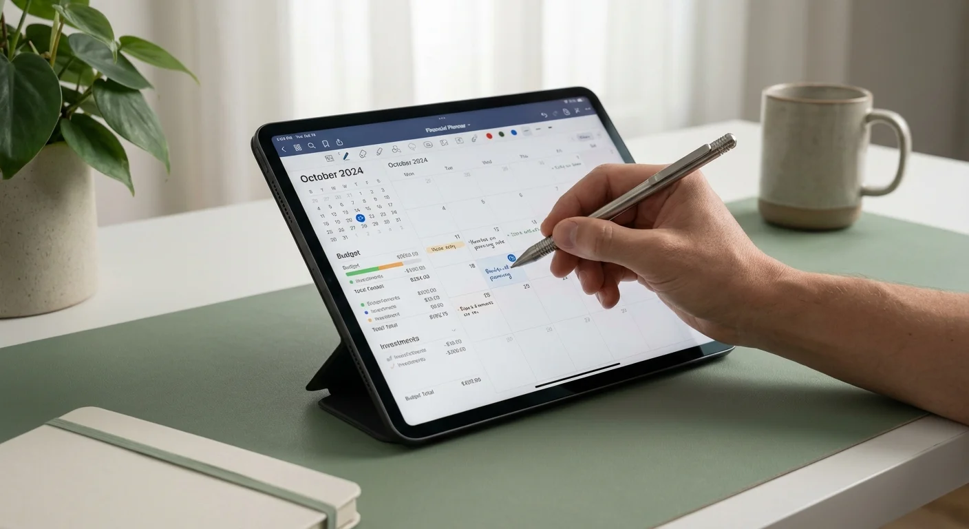 A hand using a stylus on a digital planner, symbolizing financial strategy and planning.