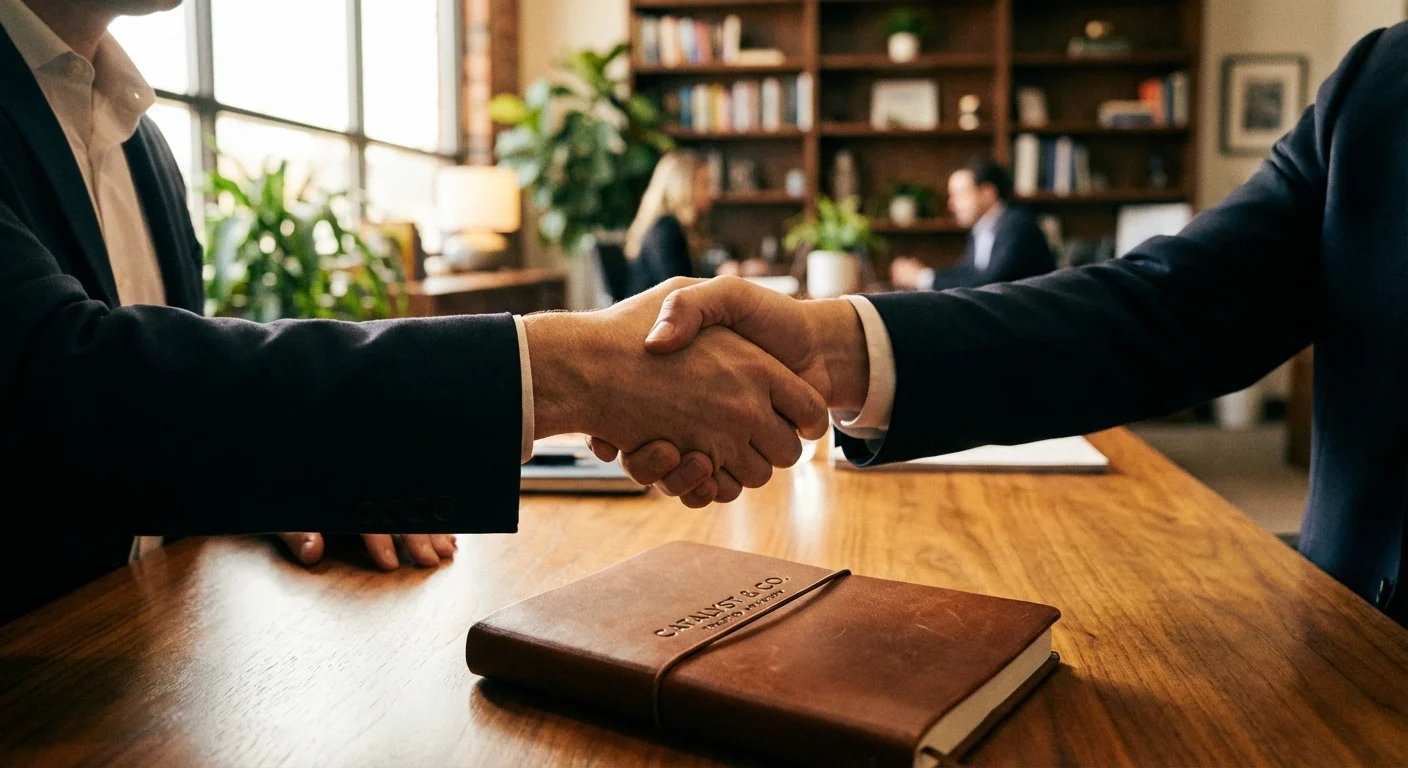 A handshake between two people across a wooden table in a professional setting.