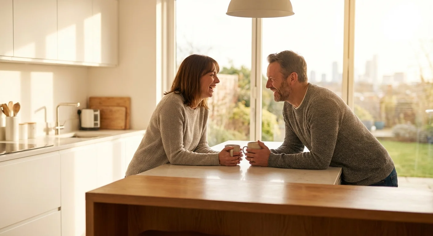 A happy couple smiling together in a sunlit kitchen, representing financial harmony.