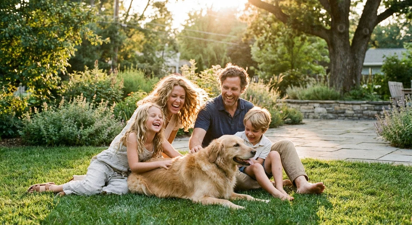 A happy family playing with their dog outdoors, representing the value of pet companionship.