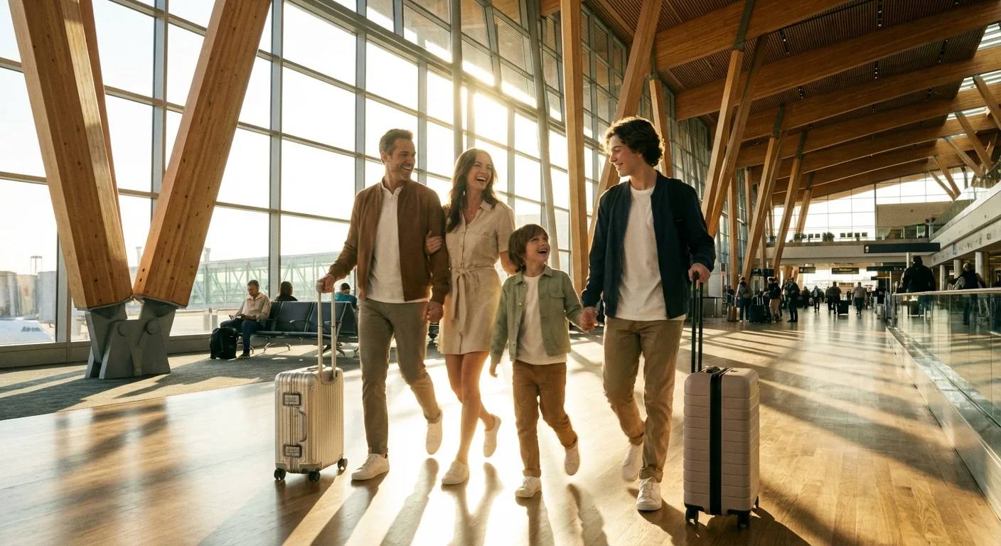 A happy family walking through a sunny airport terminal, representing the benefits of travel rewards.