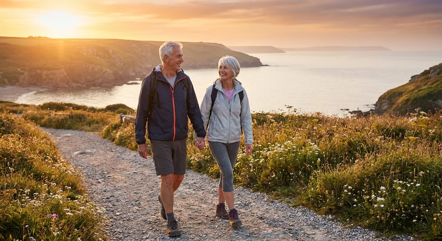 A healthy mature couple walking along a coast, representing retirement wealth.