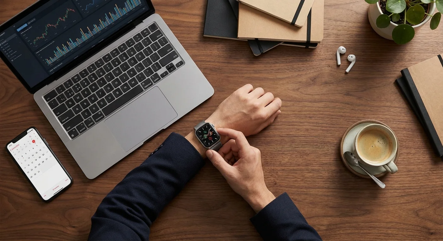 A high-angle view of a sophisticated workspace with modern tech gadgets.