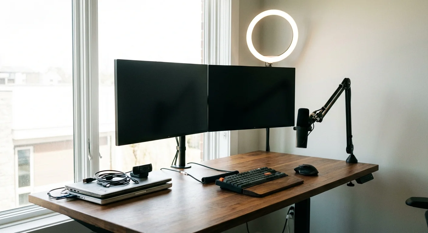 A high-end dual-monitor computer setup with professional video conferencing equipment.