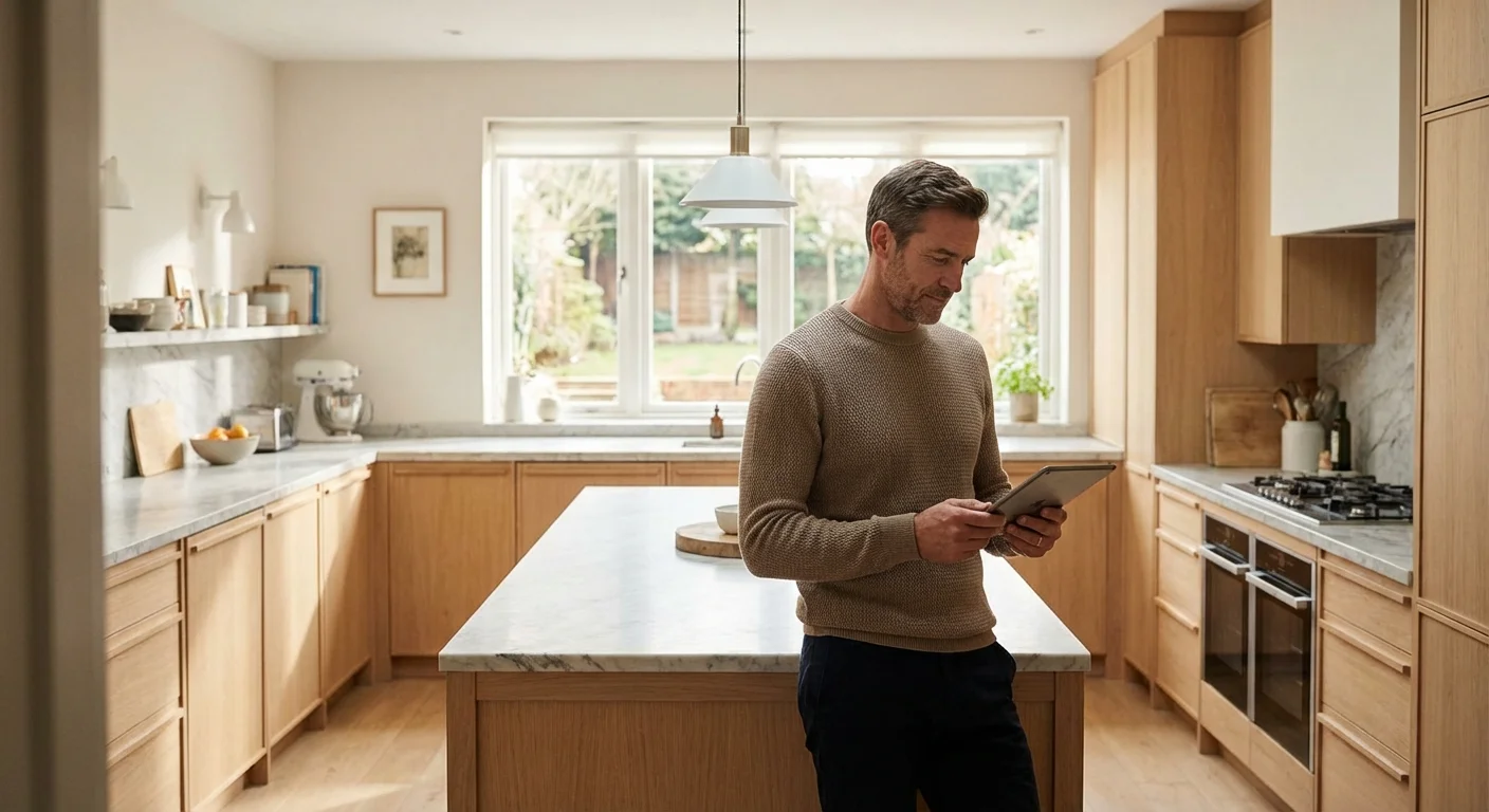 A homeowner and a financial advisor looking at a tablet together in a bright office.