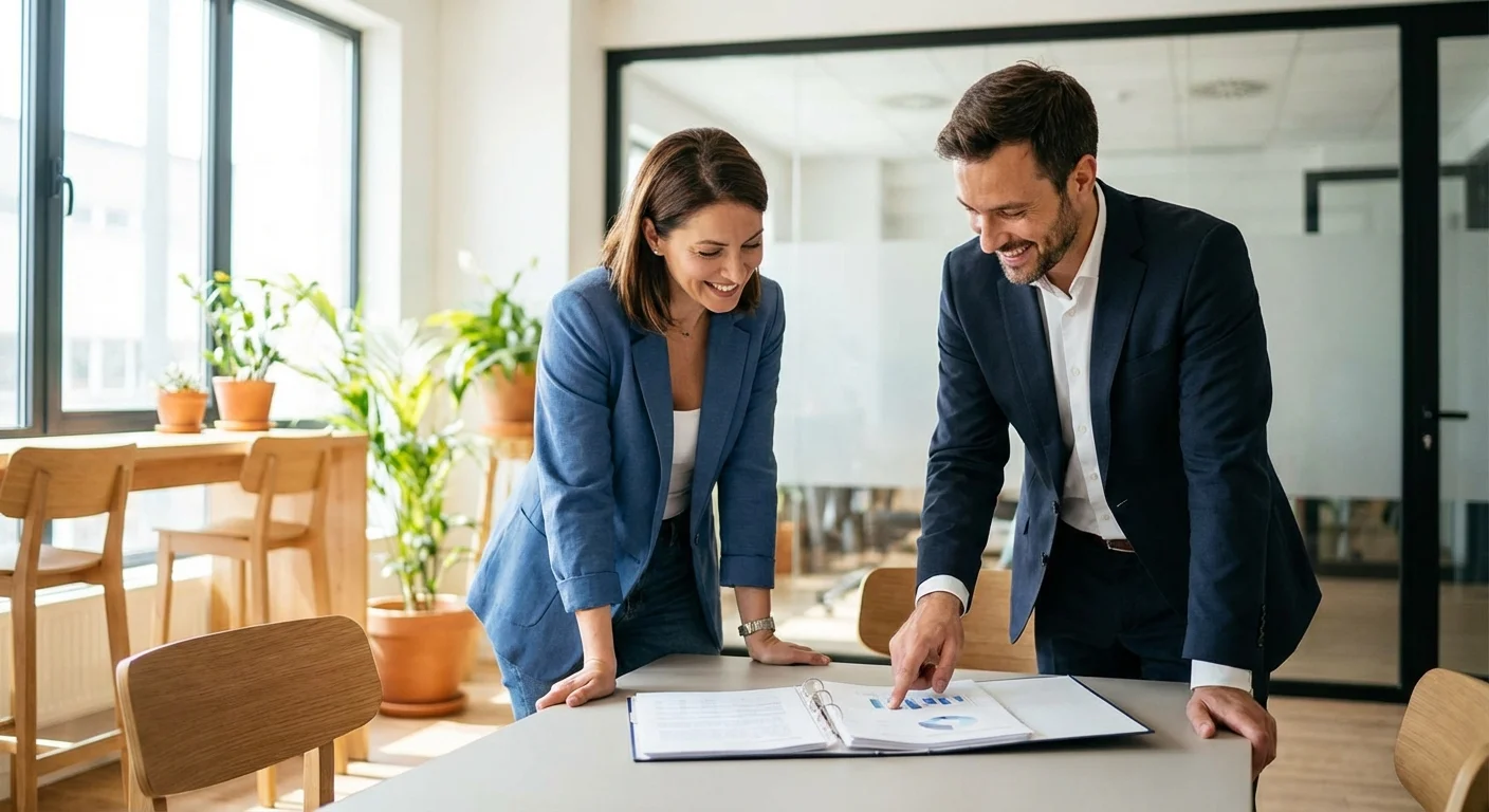 A homeowner and a financial professional discussing insurance options in a modern office.
