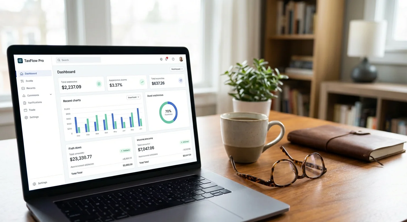 A laptop and coffee on a desk, symbolizing organized tax preparation.