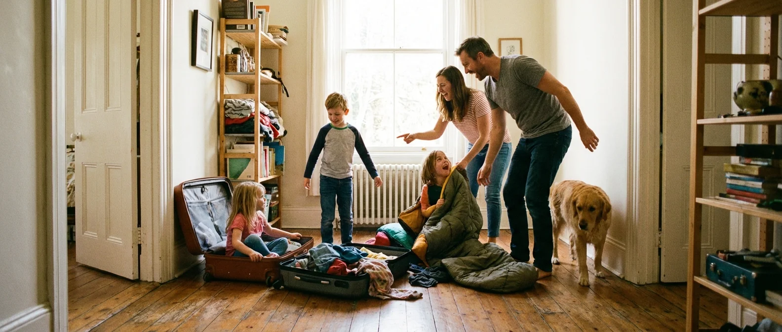A large family with several suitcases in a hallway, illustrating the logistics of family travel.