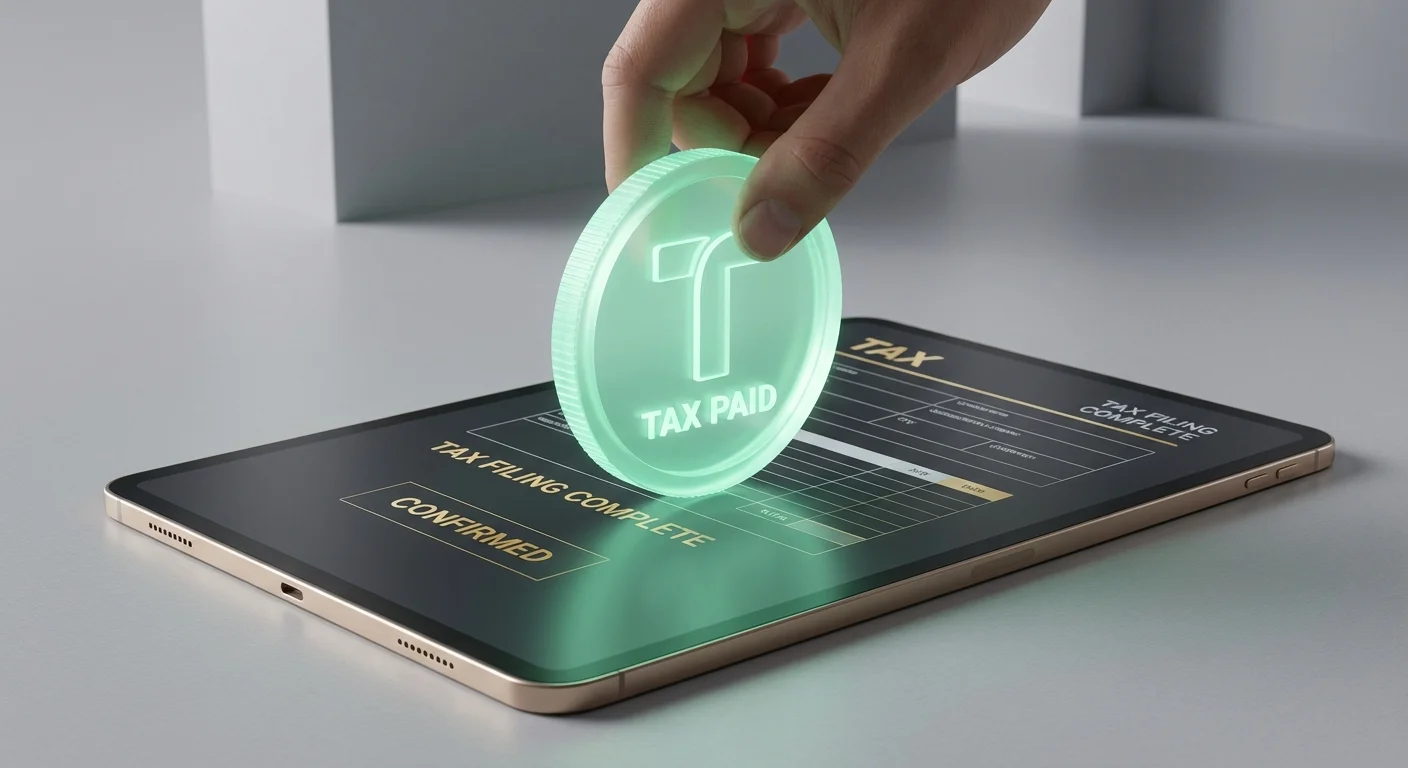 A large mint green coin being applied to a tax form in a 3D minimalist style.