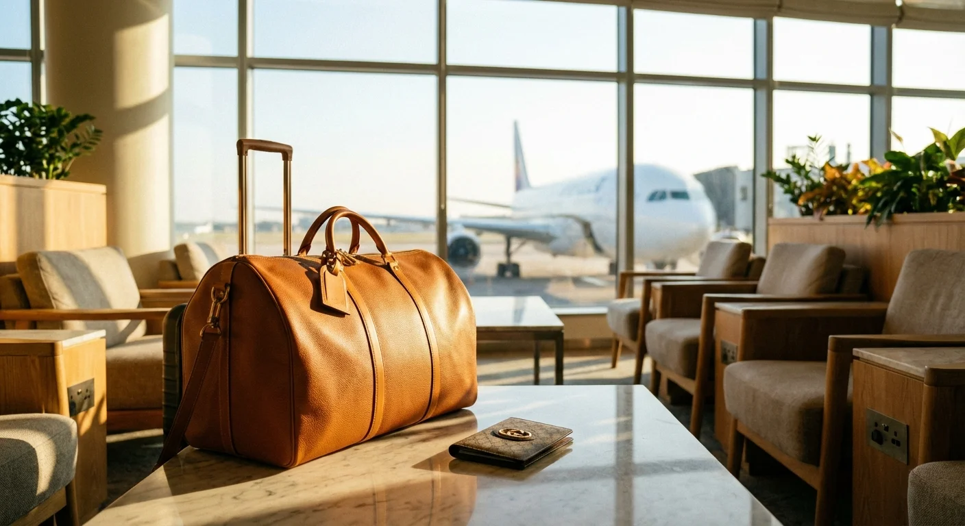 A leather suitcase and passport cover in a bright airport lounge.