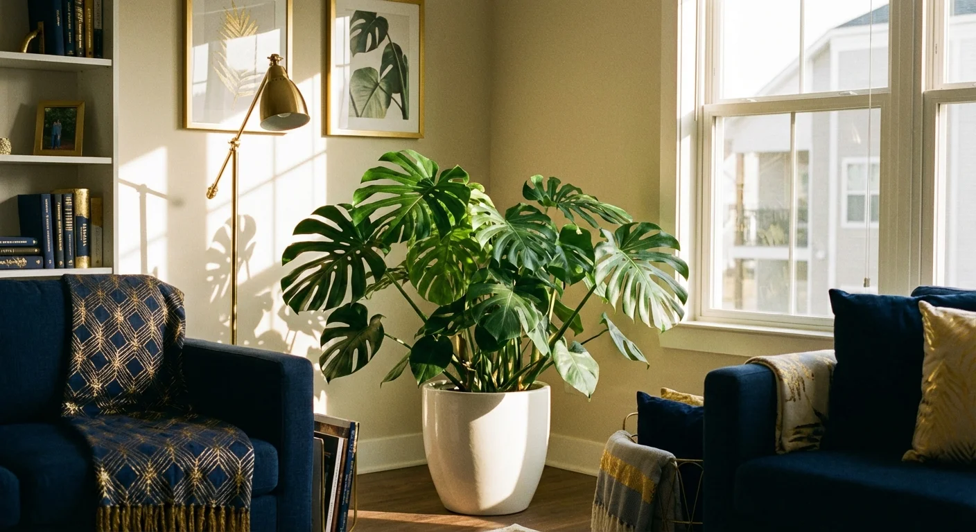 A lush, green Monstera plant growing in a sun-drenched, modern living room.