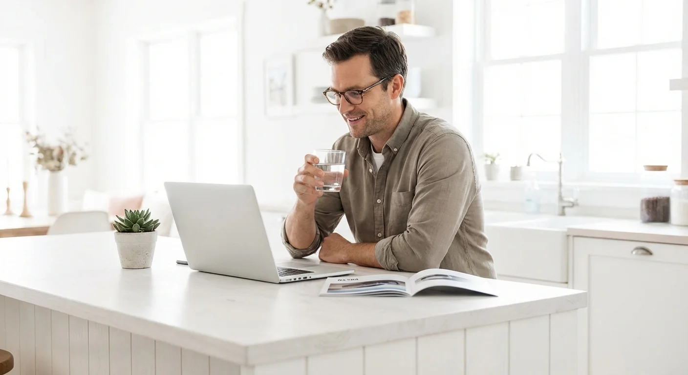 A man calmly reviewing his budget on a laptop in a bright, modern kitchen.