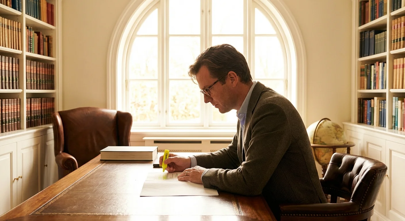 A man carefully reviewing documents in a bright, organized home study.