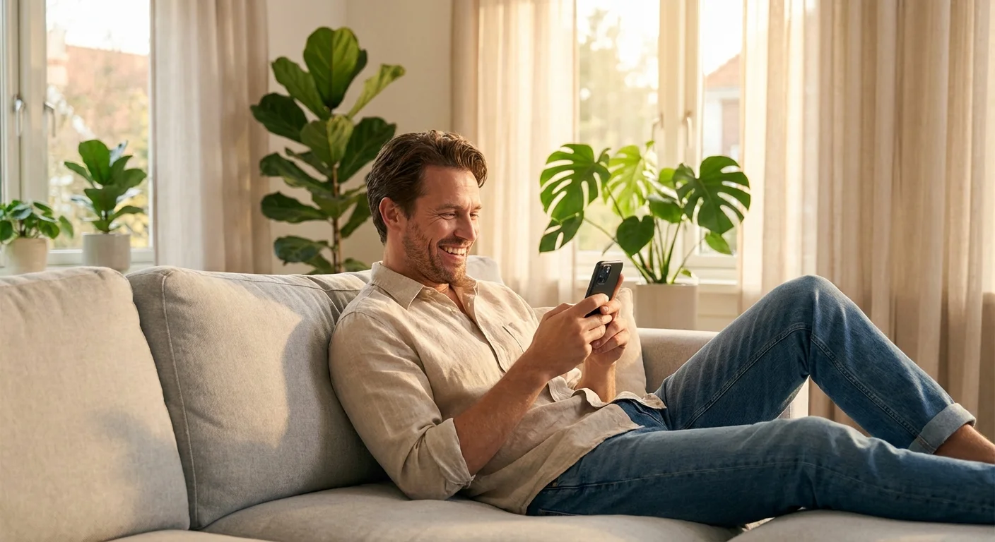 A man casually checking his credit score on his phone at home.
