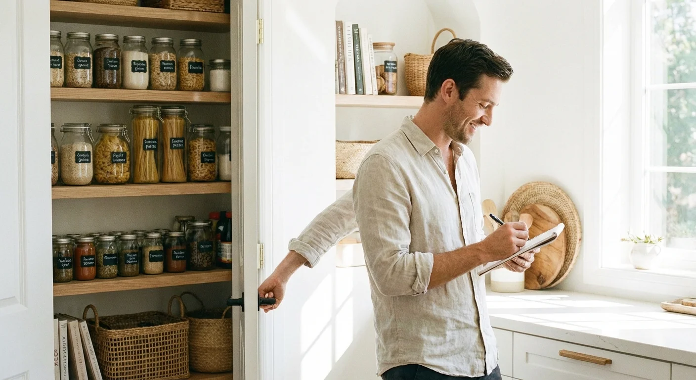 A man checking his pantry inventory to plan meals, featuring organized glass jars.