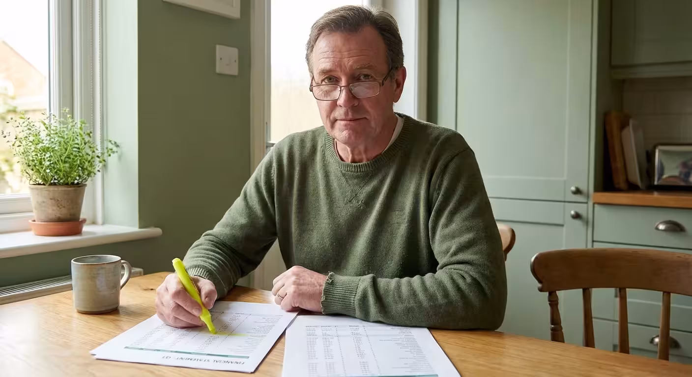 A man diligently reviewing a financial statement with a highlighter.
