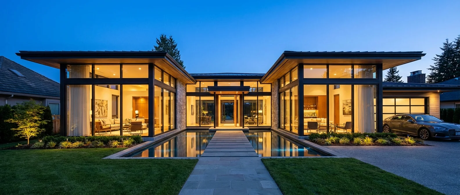 A man in a backyard comparing two sets of documents in his hands.