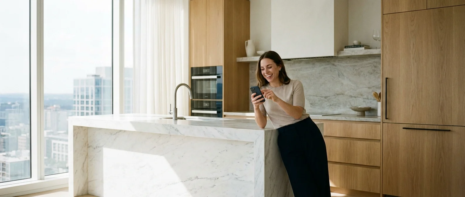 A man in a bright, modern kitchen looking at his phone with a content expression.