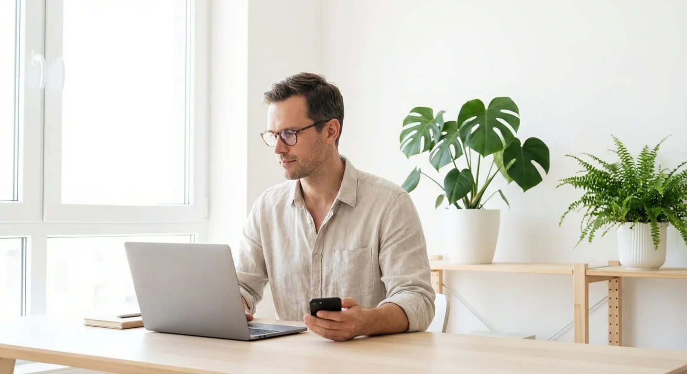 A man looking at a laptop and phone in a bright, clean office space.