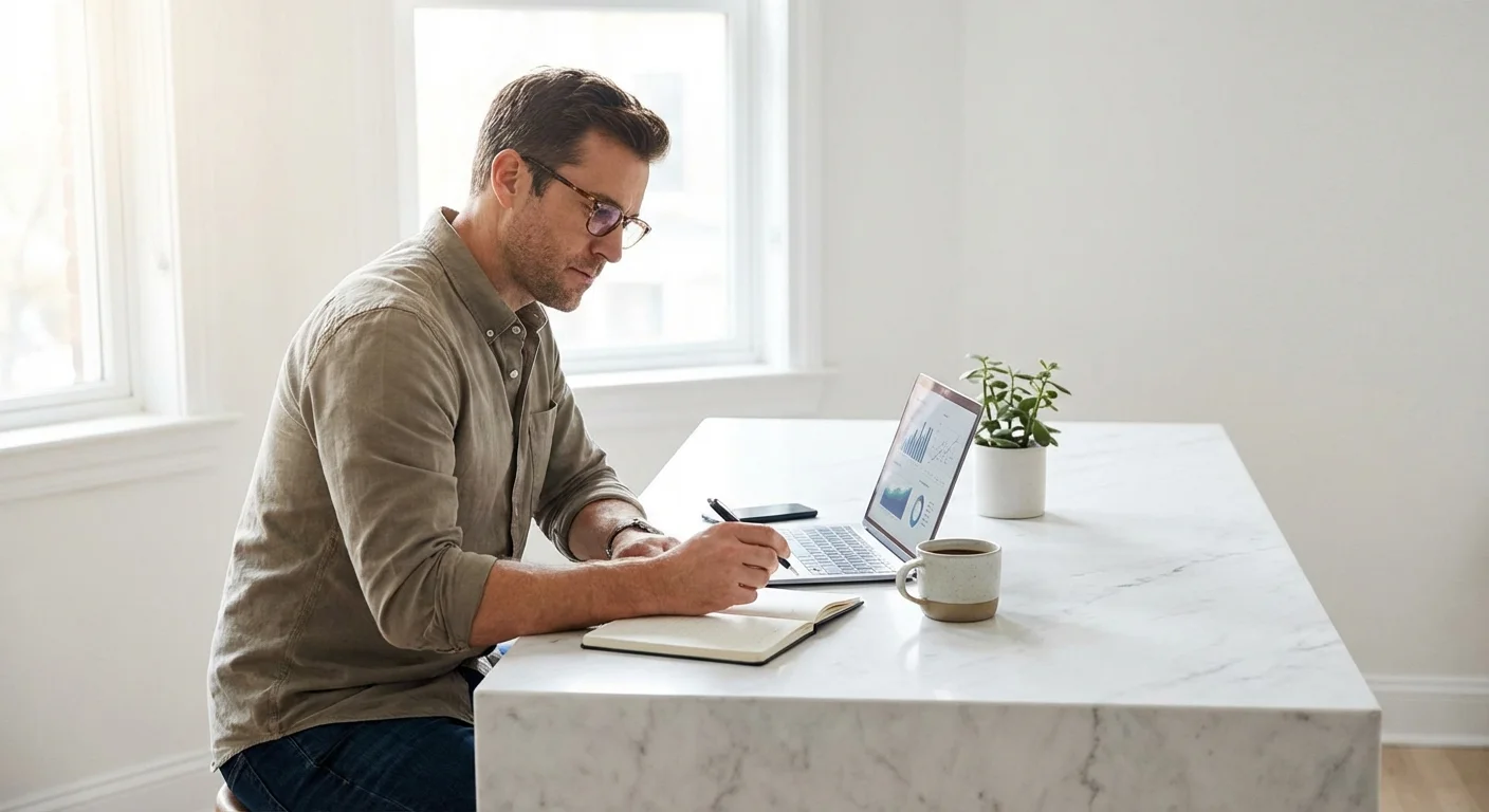 A man looking at a laptop and taking notes at a kitchen counter, symbolizing financial calculation and comparison.