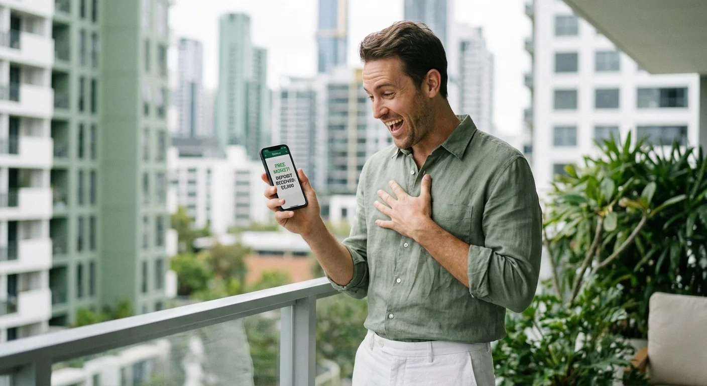 A man looking at his phone with a happy, surprised expression on a city balcony.