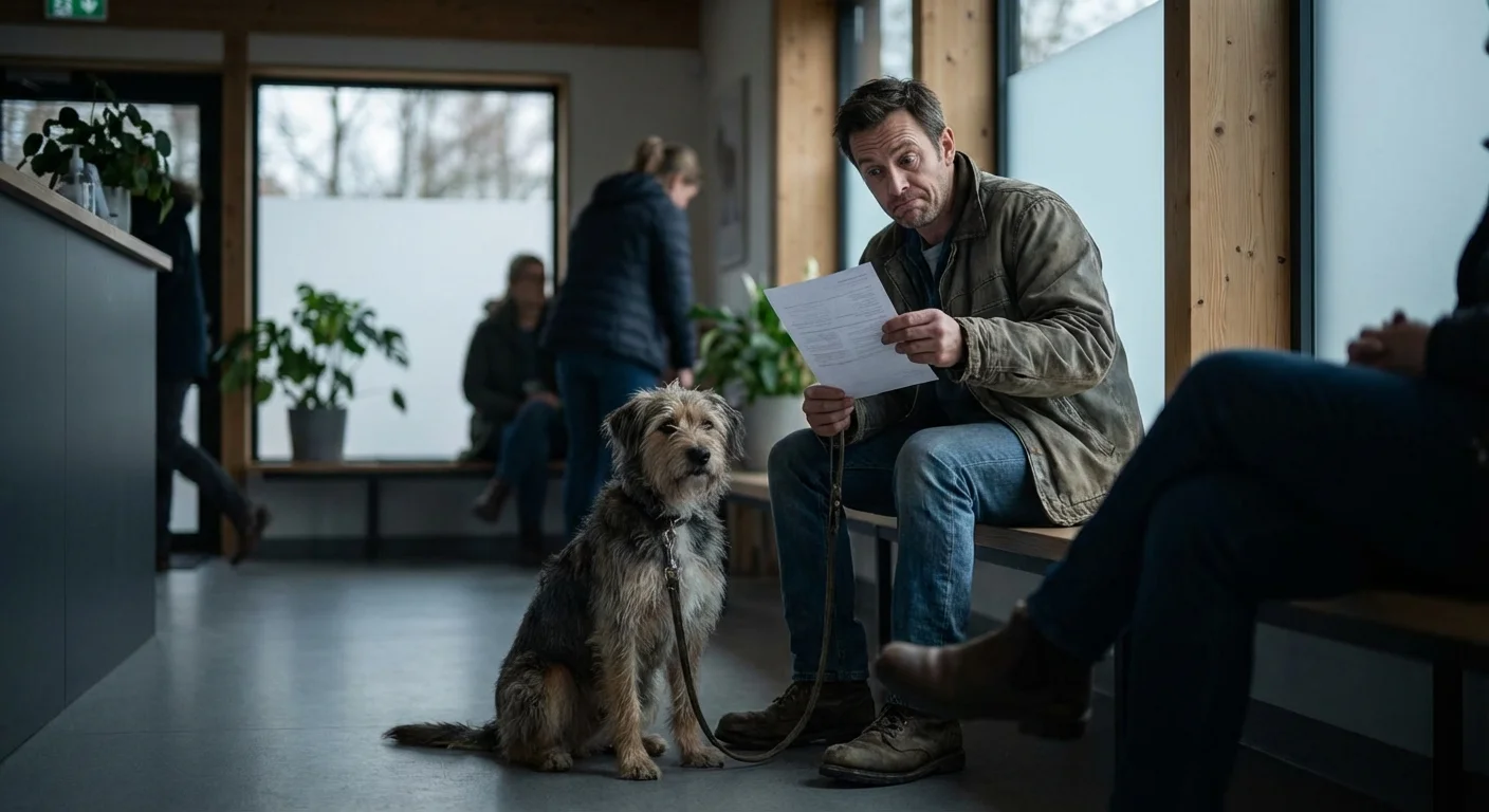 A man looking surprised at a vet bill in a waiting room.
