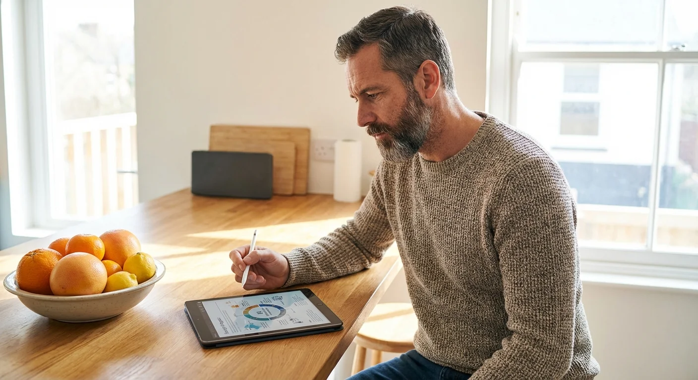 A man looking thoughtfully at a tablet in a bright kitchen, representing financial mindfulness.