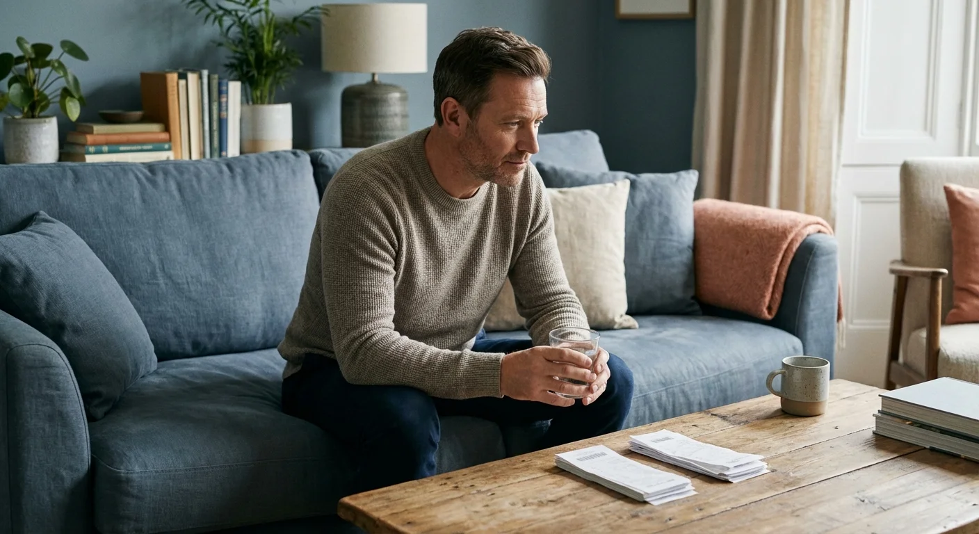 A man looking thoughtfully at receipts, symbolizing a moment of budget review.