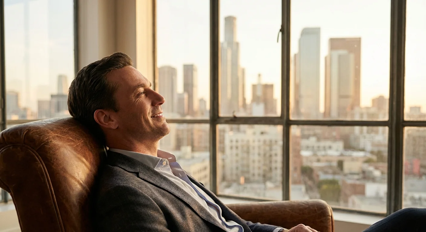 A man looking thoughtfully out a window from his office, appearing relaxed and relieved.