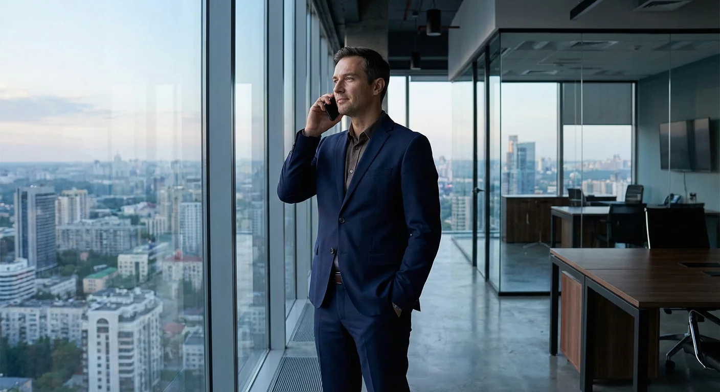 A man on a phone call in a professional office, representing expert insurance help.