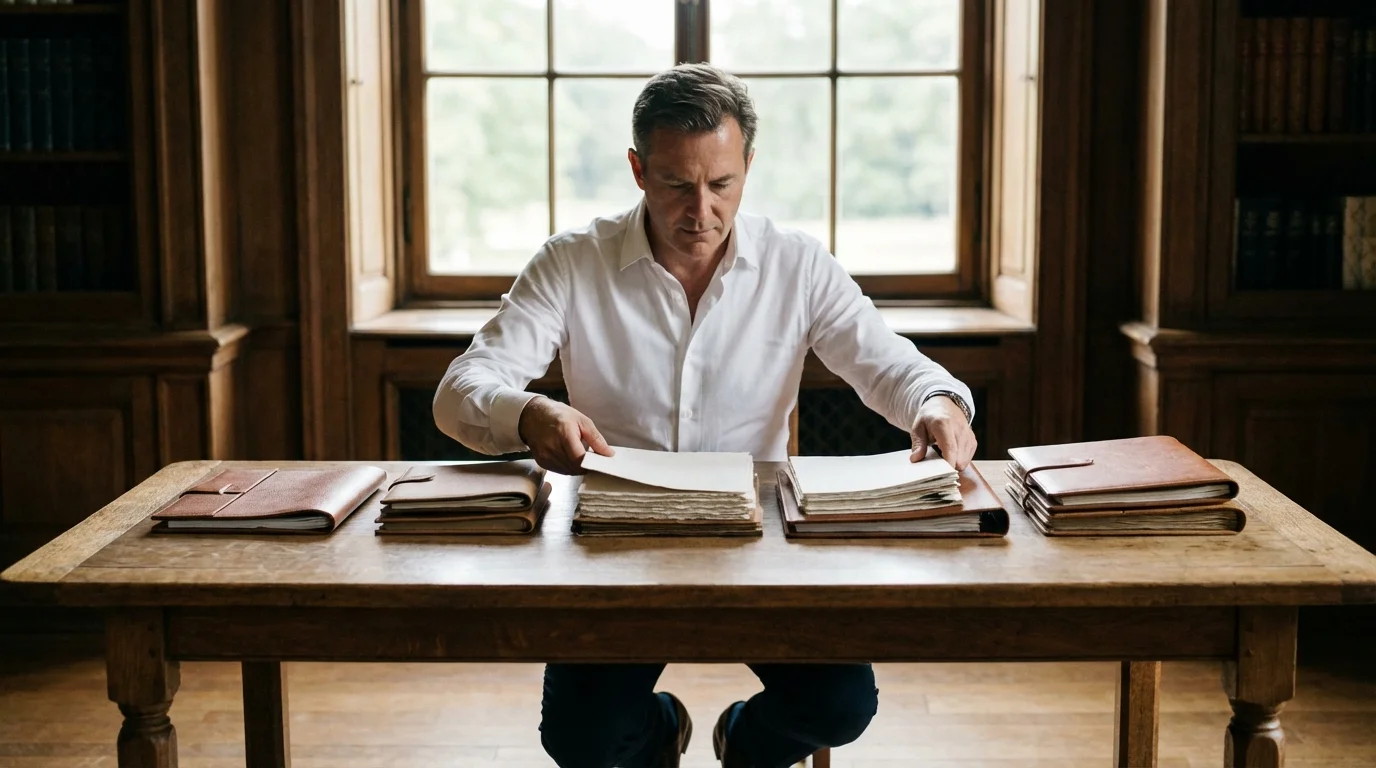 A man organizing financial documents on a large wooden table in a bright room.