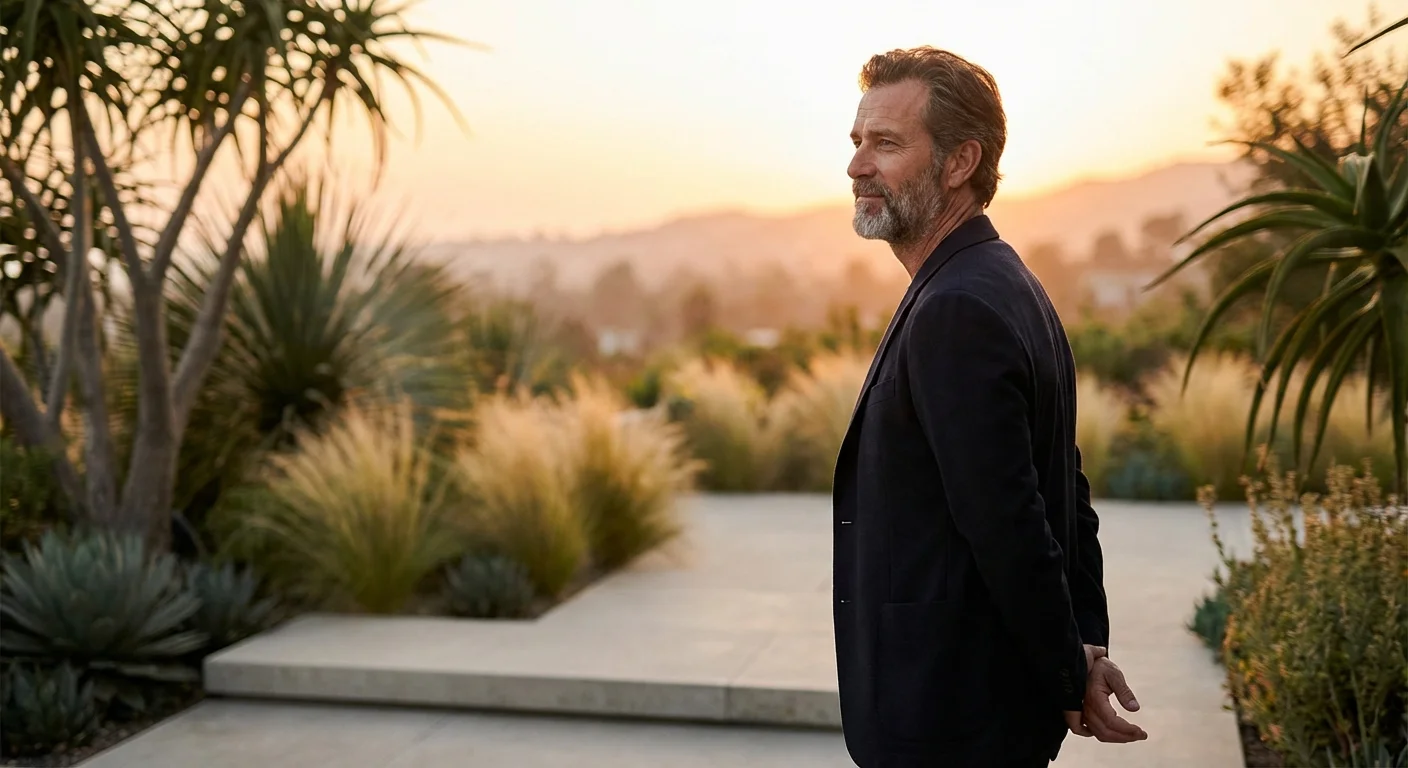 A man reflecting in a garden at sunset, symbolizing financial security.