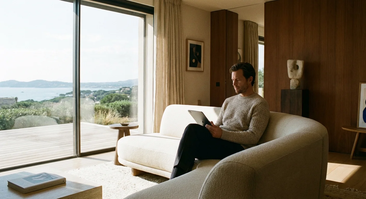 A man researching financial options on his tablet in a comfortable, bright living room.