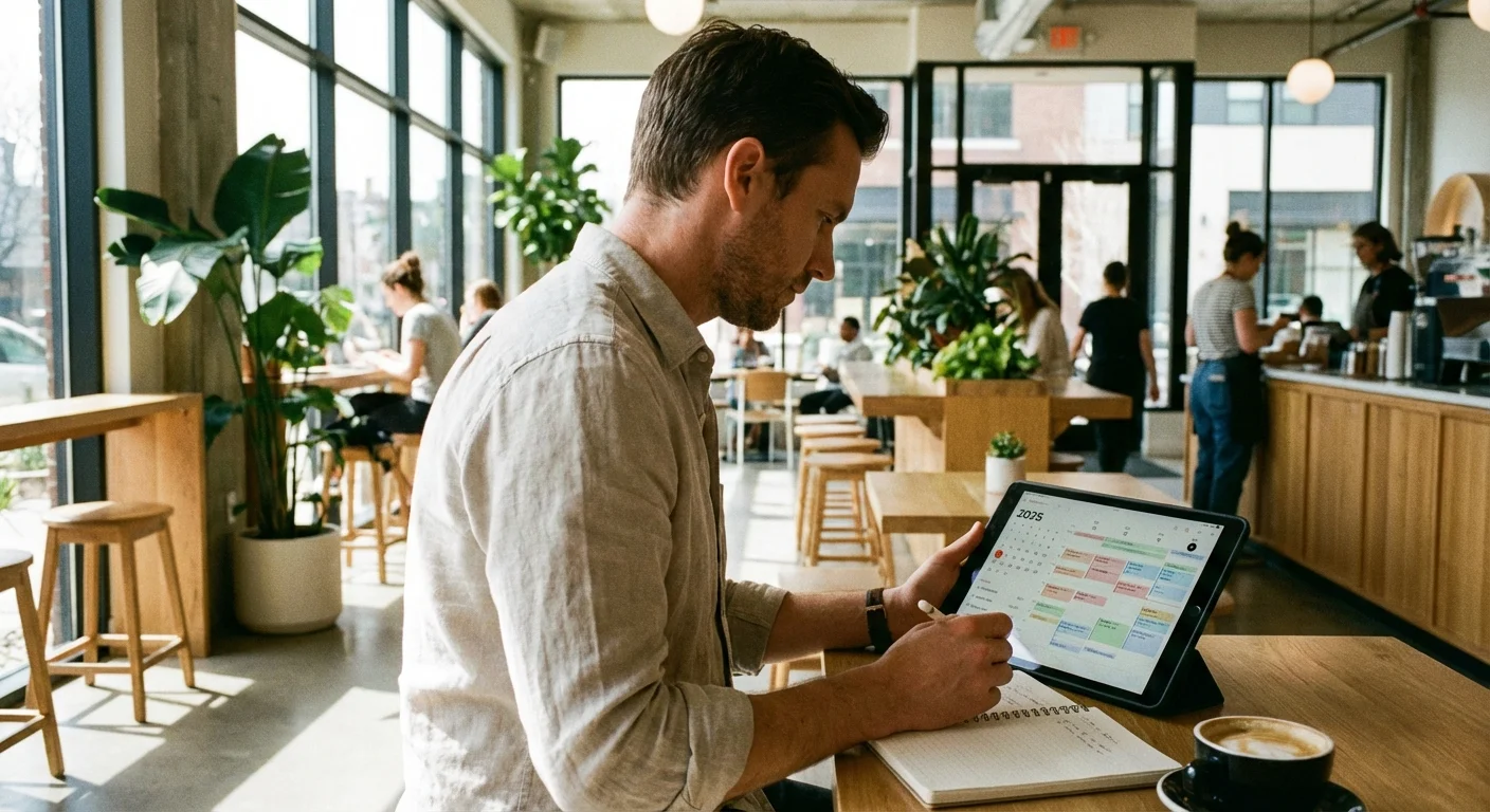 A man reviewing 2025 dates on a tablet in a bright, modern setting.