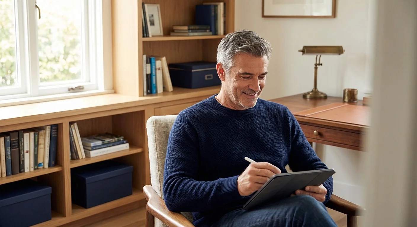 A man reviewing financial documents on a tablet in a well-lit, professional home office.