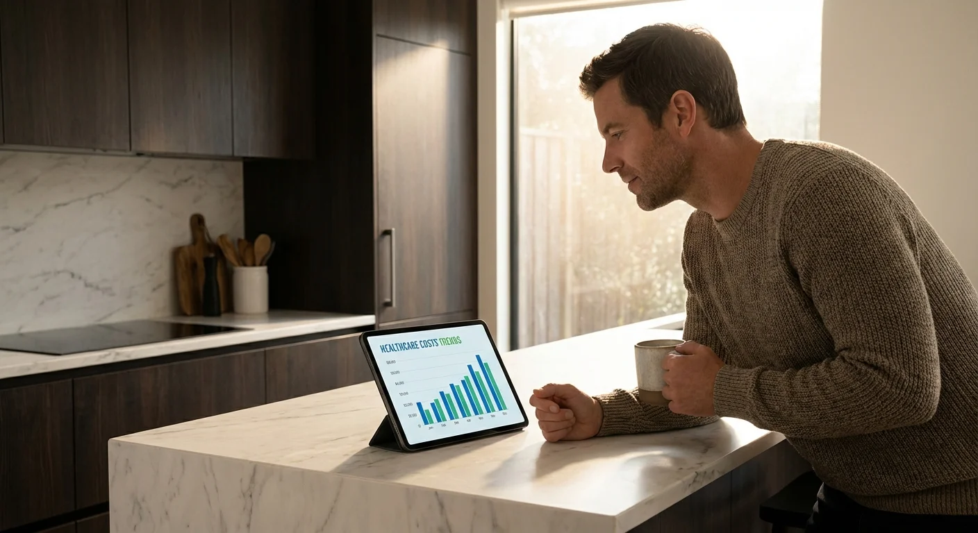 A man reviewing healthcare cost comparisons on a tablet in a bright, modern kitchen.
