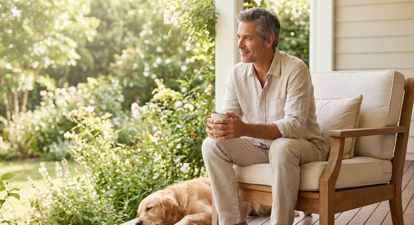 A man sitting calmly on a porch, representing financial security and self-care.