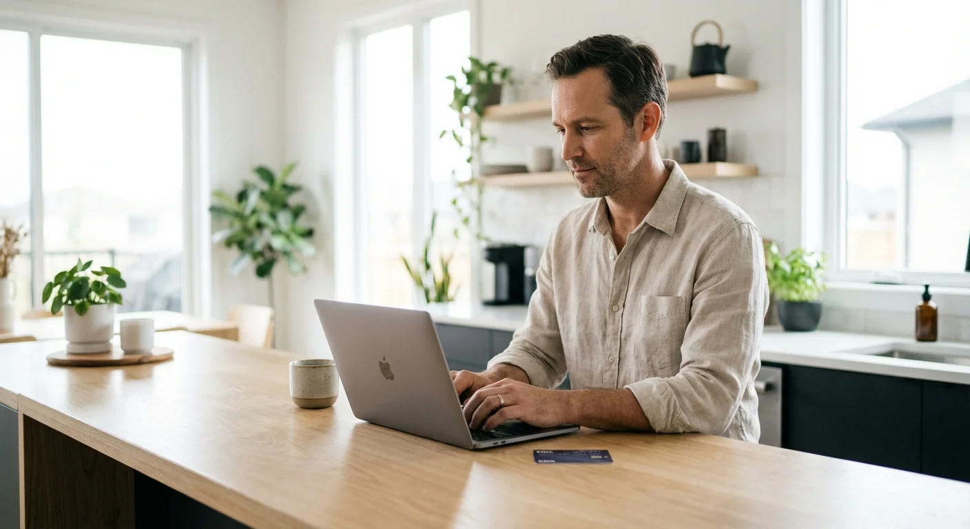 A man using a laptop in a bright kitchen with a credit card nearby.