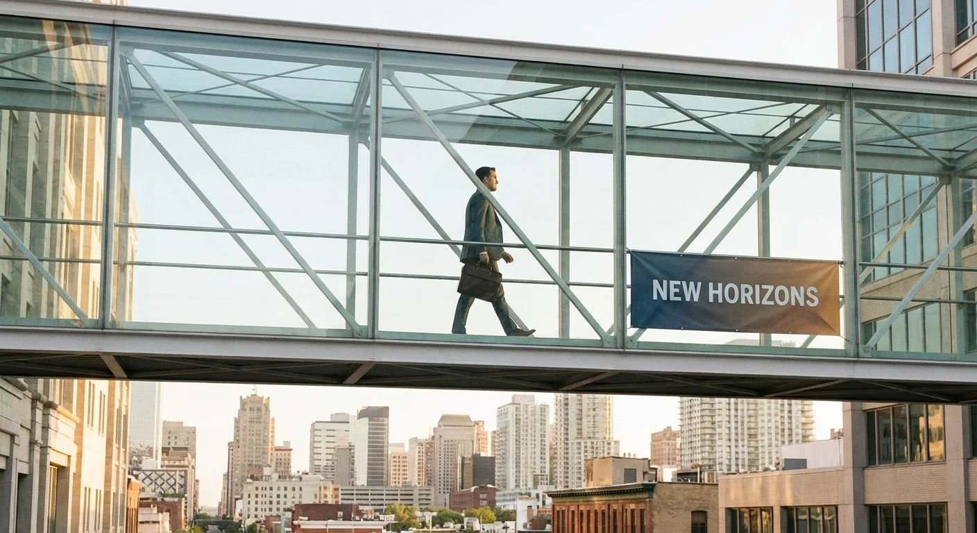 A man walking across a modern bridge in a city environment.
