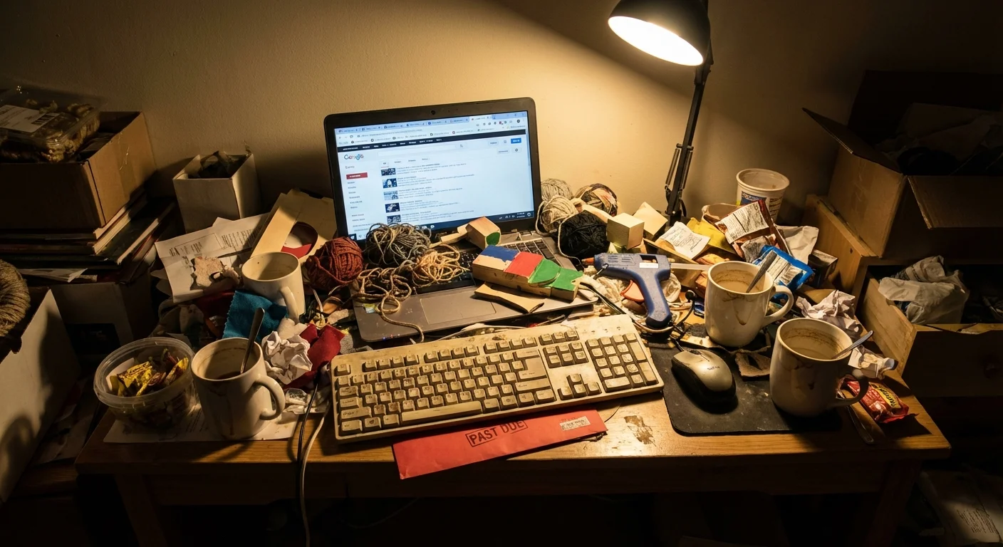 A messy, overwhelmed workspace with various unfinished tasks and bills.