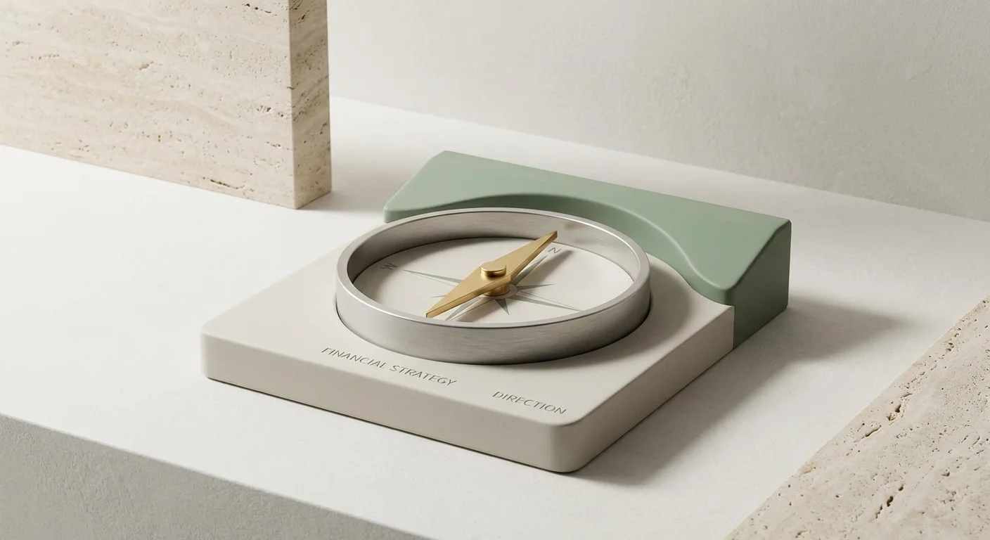 A minimalist 3D compass pointing toward a green horizon, representing financial strategy.