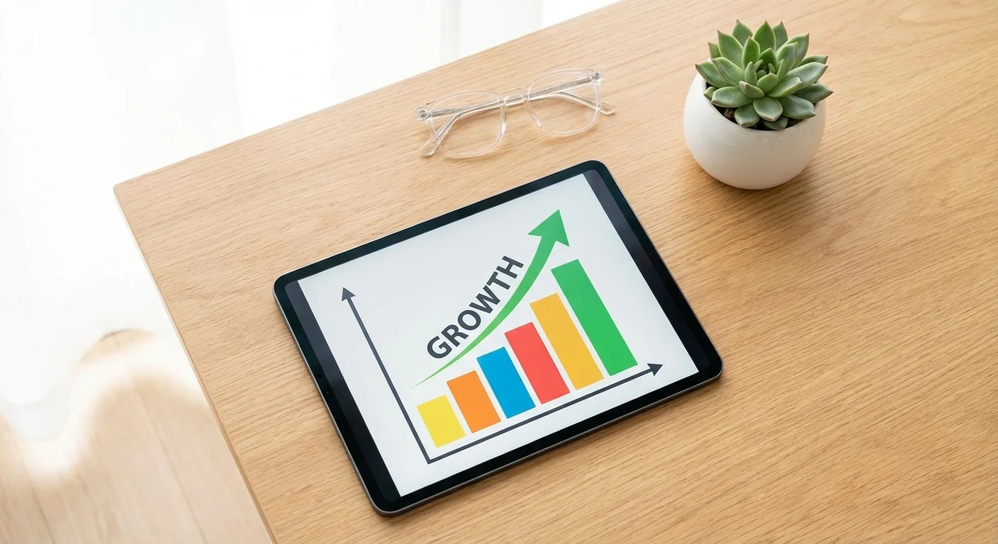 A minimalist desk setup with a tablet showing a financial growth chart.