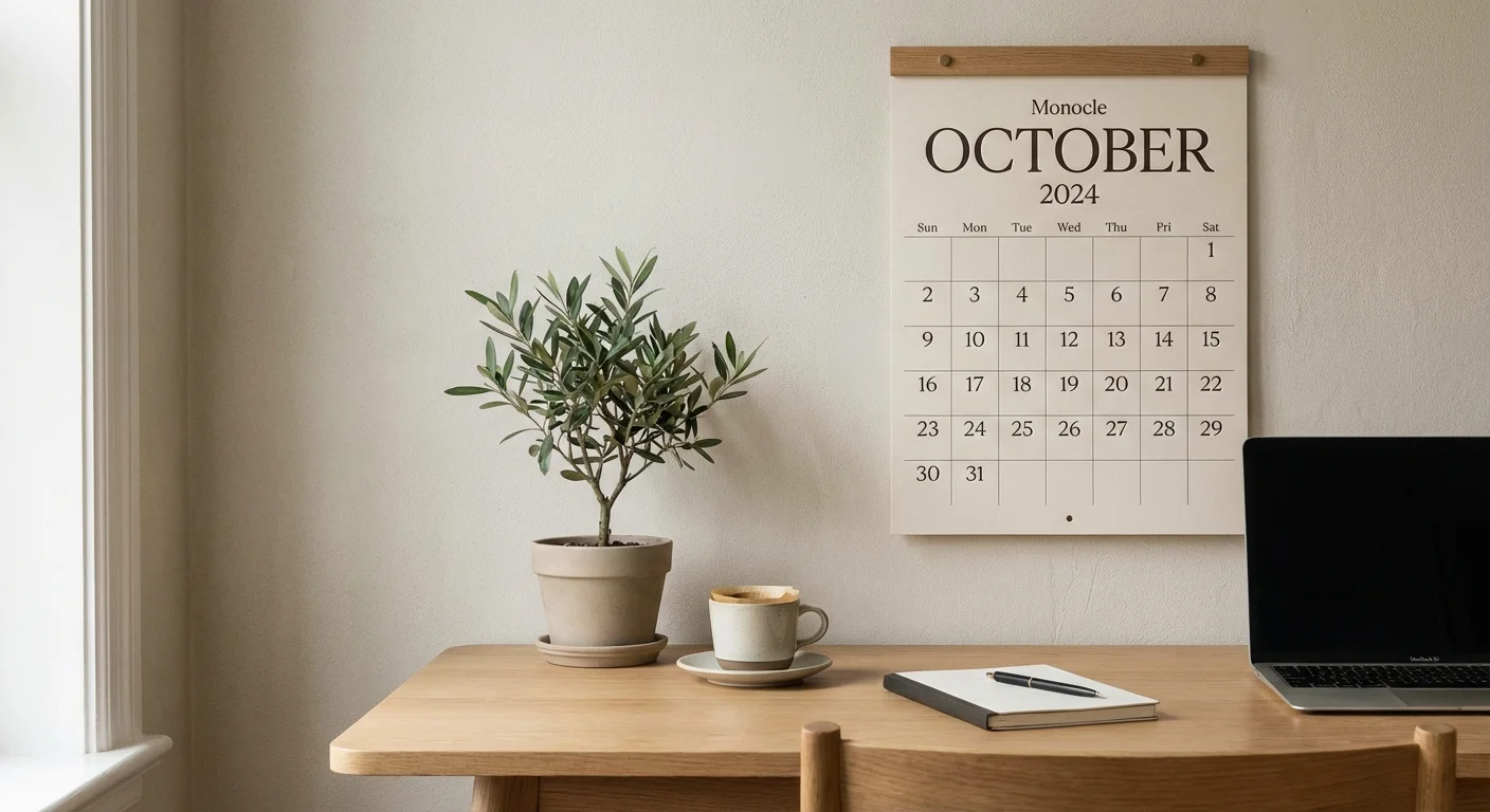A minimalist desk with a calendar and coffee, representing organized financial planning and time management.