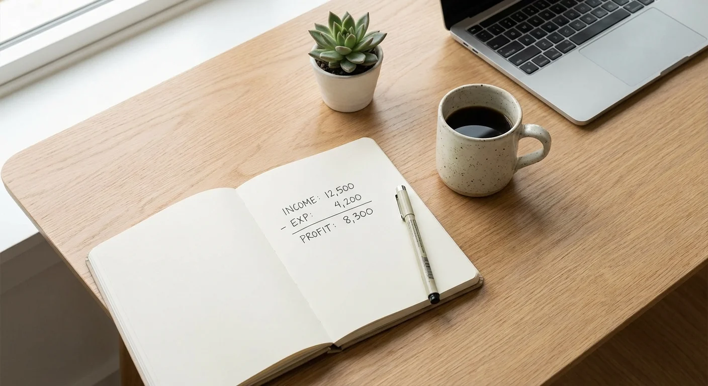 A minimalist desk with a notebook and coffee, symbolizing financial planning.