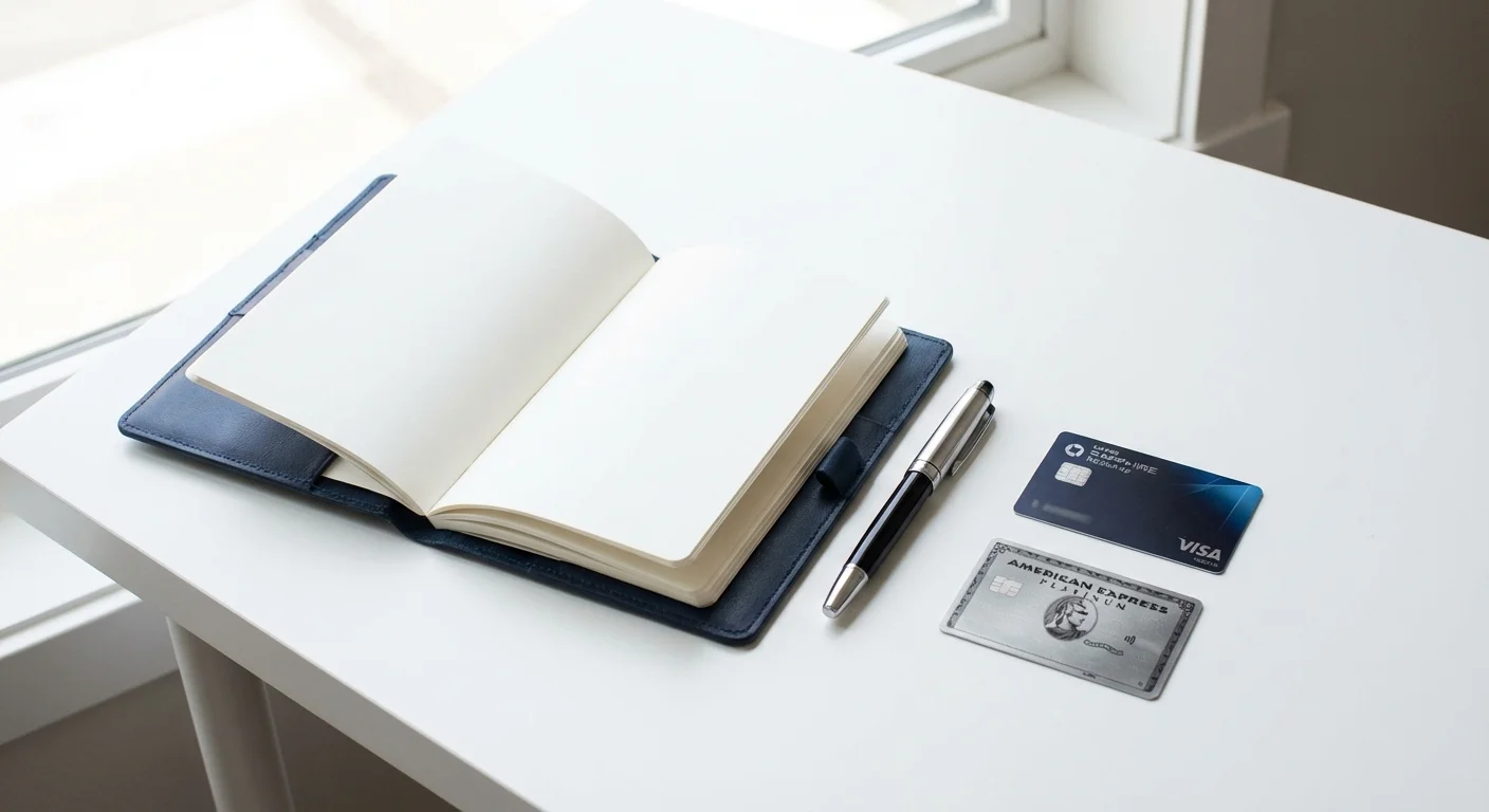 A minimalist flat lay of a desk with a notebook and two cards side-by-side.