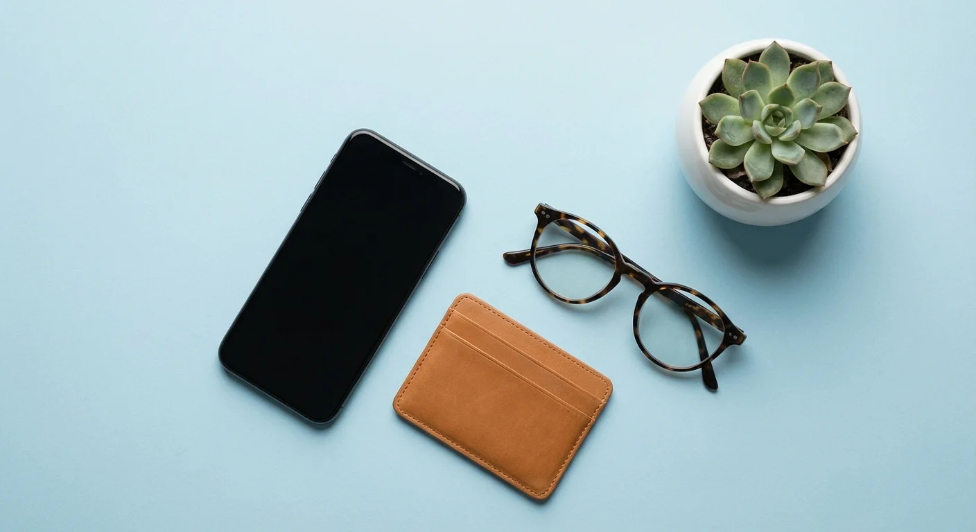 A minimalist flat lay of a phone and wallet, representing the tools of modern personal finance.