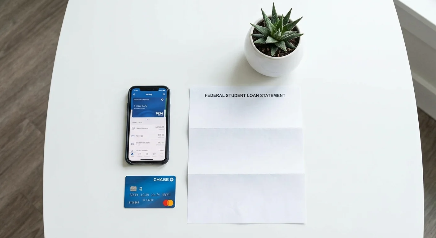 A minimalist flat lay of a smartphone, credit card, and loan statement on a clean desk.