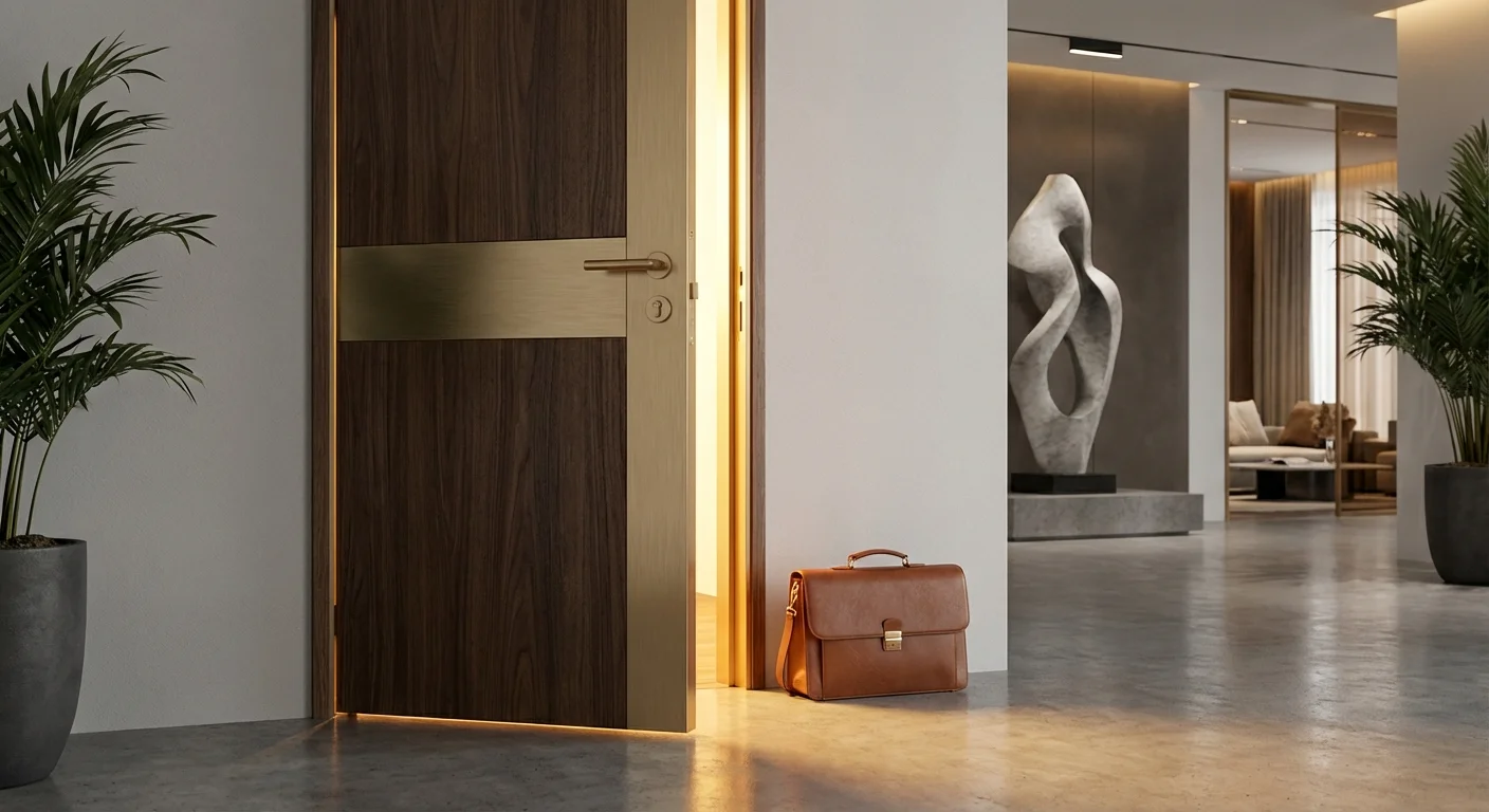 A modern 3D office door slightly open with warm gold light and a professional briefcase.