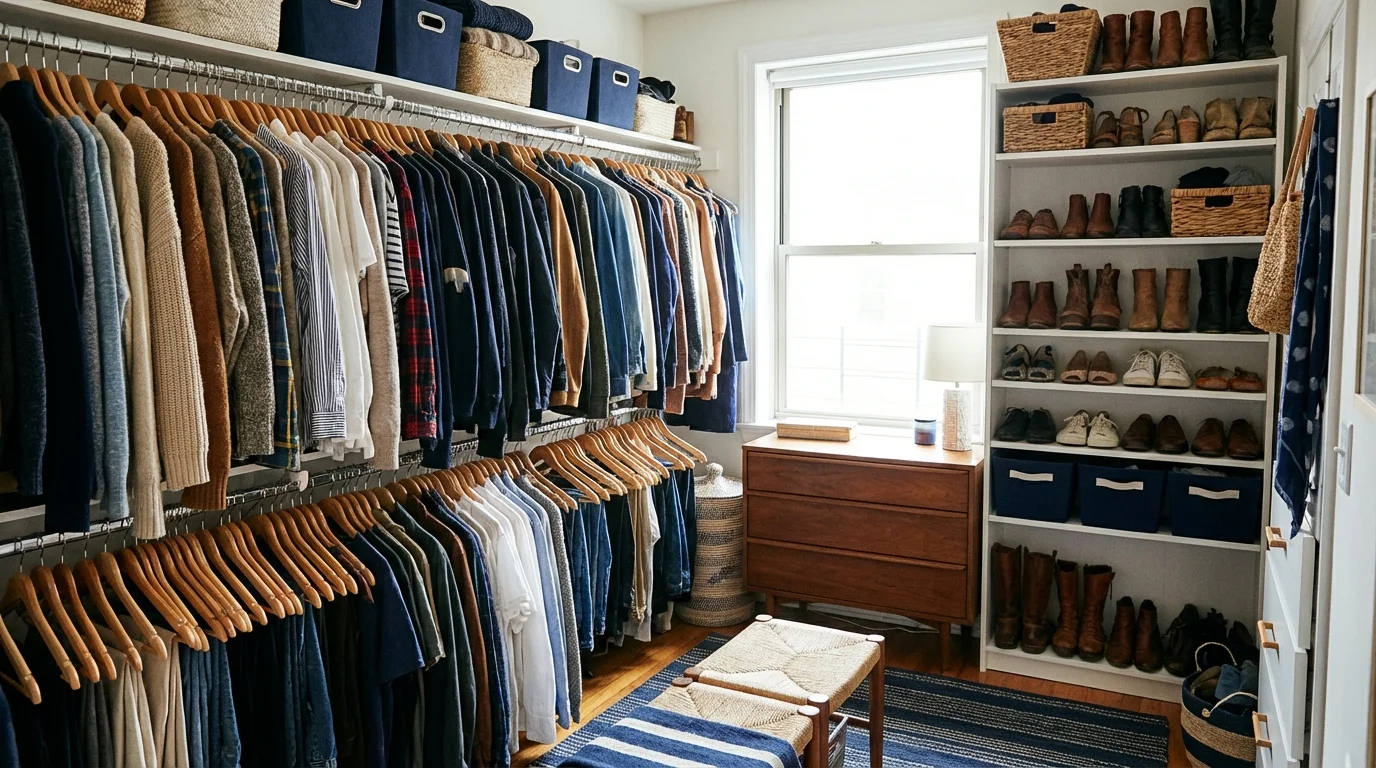A modern apartment interior showing a full rack of clothes and organized shoes.